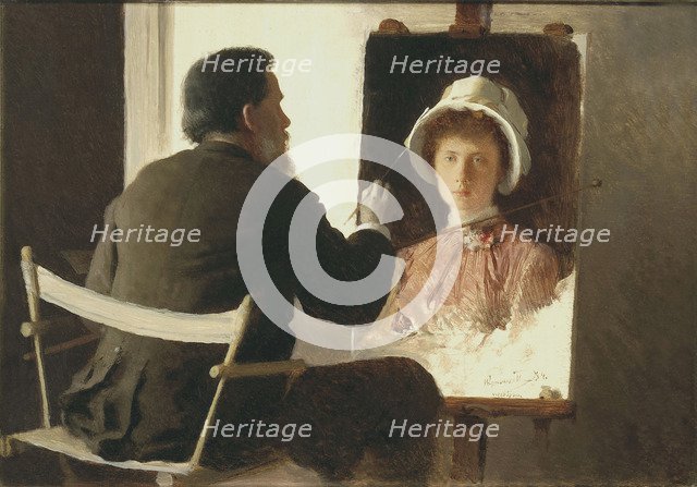 Kramskoy Painting a Portrait of his Daughter, 1884. Artist: Kramskoi, Ivan Nikolayevich (1837-1887)