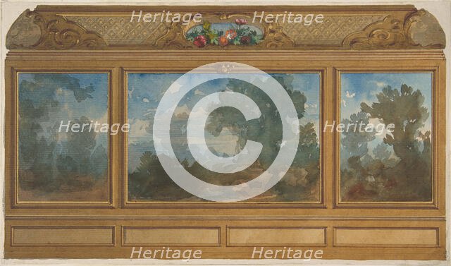 Elevation of a paneled interior decorated with painted landscapes and coves with..., 1830-97. Creators: Jules-Edmond-Charles Lachaise, Eugène-Pierre Gourdet.