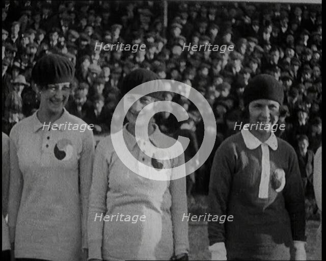 Women Football Players Lines up Ready to Begin the Match, 1920. Creator: British Pathe Ltd.