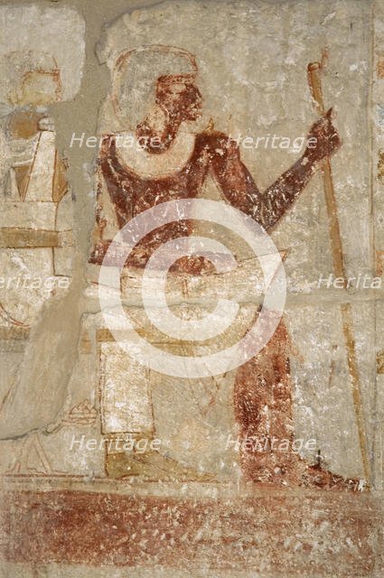 Polychrome relief depicting a seated man, Mastaba of Iynefert, Saqqara, Egypt, Old Kingdom ( 2003). Creator: Unknown.