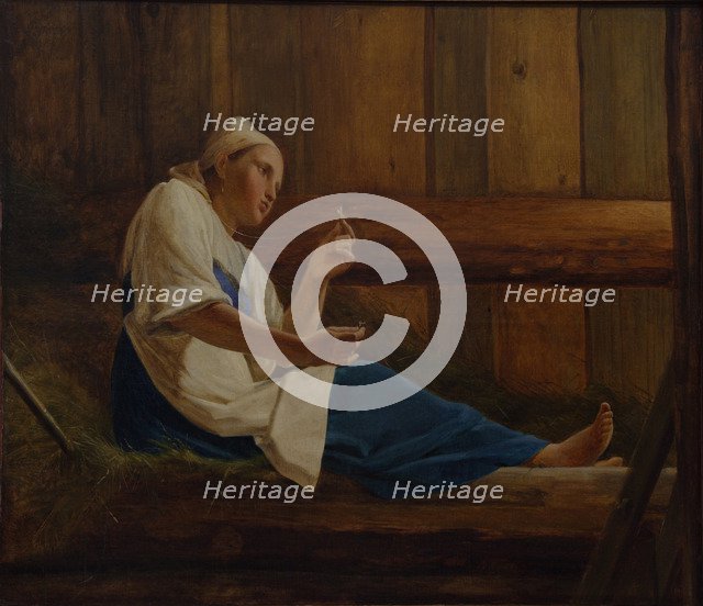 Girl on a hay mattress. Artist: Venetsianov, Alexei Gavrilovich (1780-1847)