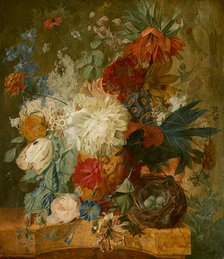 Still Life with Bouquet of Flowers and Bird's Nest, 1776. Creator: Wybrand Hendriks.