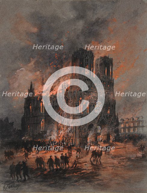 The burning Reims Cathedral, 1914-1915.