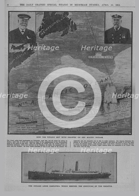 'How the Titanic met with disaster...', and 'The Cunard liner Carpathia...', April 20, 1912. Creator: Unknown.