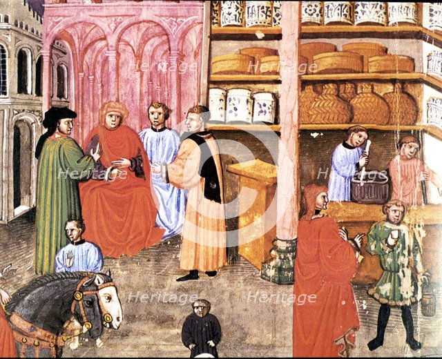 Merchants in a trade, miniature in 'Statuti Mercanti', illuminated manuscript, 14th century.
