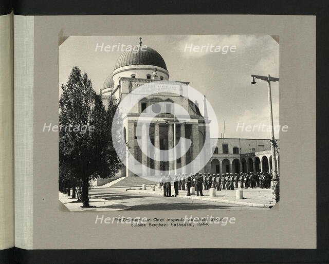 The Commander-in-Chief inspect Sudanese troops outside Benghazi Cathedral, 1944. Creators: Colonial Office, Unknown.