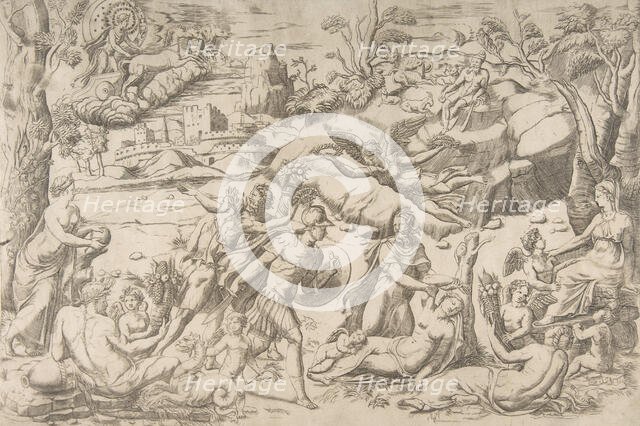 Mars and Rhea Silvia: in the centre Mars holds a shield and sword, Rhea Silvia sleep..., ca 1531-76. Creator: Giulio Bonasone.