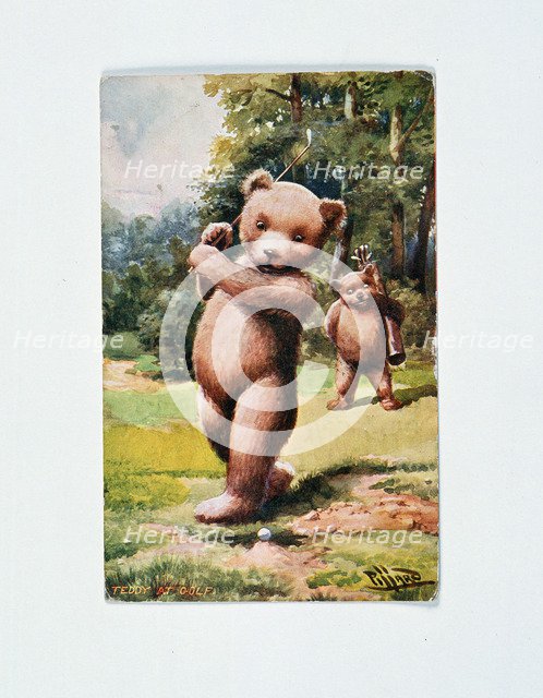 Bear playing golf, postcard, c1920s. Artist: Unknown