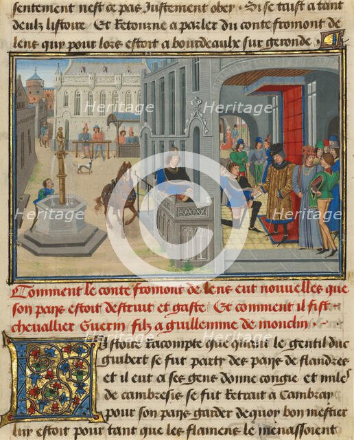 Fromont de Lens Receiving News of the Devastation of his Land, written 1463-65; illuminated 1467-72. Creators: Loyset Liedet, Pol Fruit.