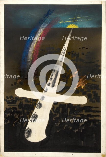 Unity of Strength WWII poster: Tanks pointing into sun on horizon..., between 1939-1946. Creators: Central Office of Information, Unknown.