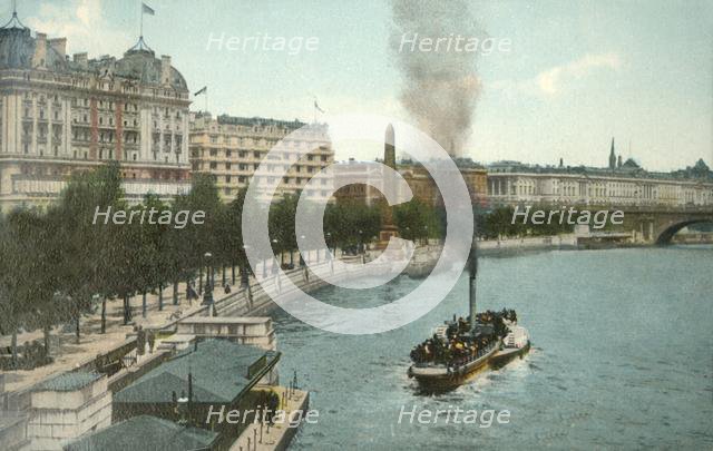The Victoria Embankment, and steamship on the River Thames, London, c1907.  Creator: Unknown.