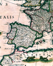 Spain and Africa, colored engraving from the book 'Le Theatre du monde' or 'Nouvel Atlas', 1645, …