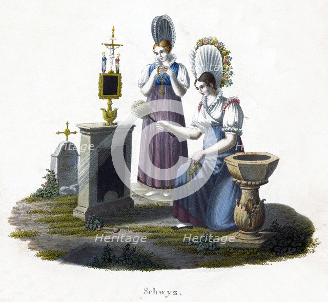 Two women standing before a headstone in a graveyard, c1800. Artist: Unknown