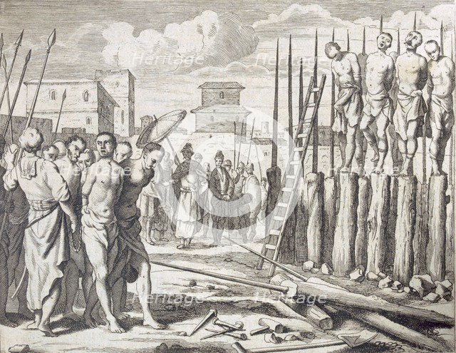 The Impaling of Some rebells?', Punishment: Massacre by impalement, pub. 1672. Creator: Philip Baldaeus (1632-1672).