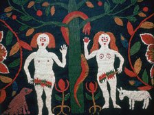 Swedish embroidery of Adam, Eve, and the serpent, 19th century. Artist: Unknown