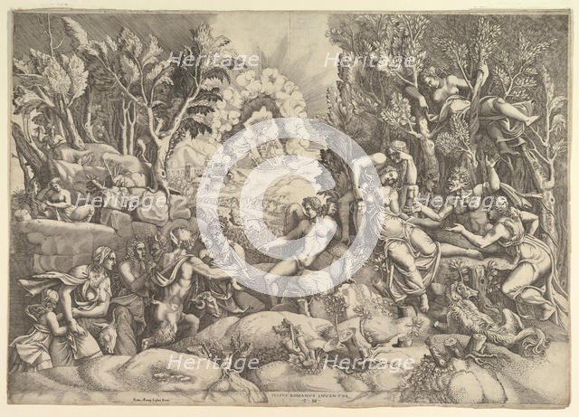 The Death of Procris; Cephalus mournig the death of Procris on the right surrounded by..., ca. 1540. Creator: Giorgio Ghisi.