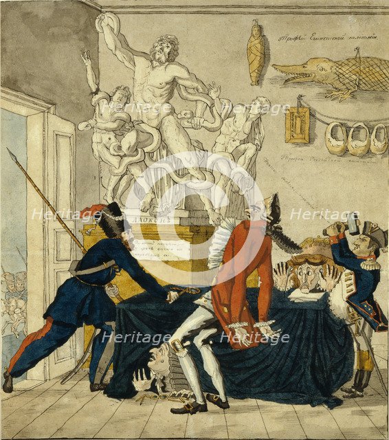 Napoleon Bonaparte selling Stolen Goods, 1813. Artist: Terebenev, Ivan Ivanovich (1780-1815)