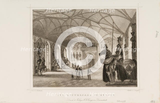 Print of Der Rittersaal zu Erbach (Interior of Gothic Revival armory of Erbach Castle)..., ca. 1850. Creator: Ludwig Rohbock.
