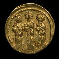 Solidus of Heraclius. Heraclius, Heraclius Constantine, and Heraclonas (Obverse), 639-641. Creator: Numismatic, Ancient Coins  .