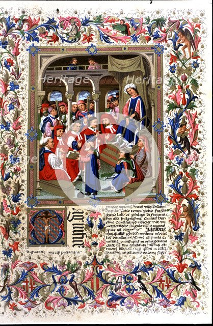 Jaume Marquilles delivers his book to the Counselors of Barcelona in the presence of King Alfons …