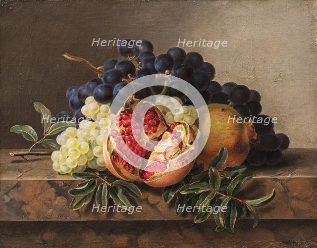 Pomegranates and green and blue grapes on a marble frame, 1833. Creator: Jensen, Johan Laurentz (1800-1856).