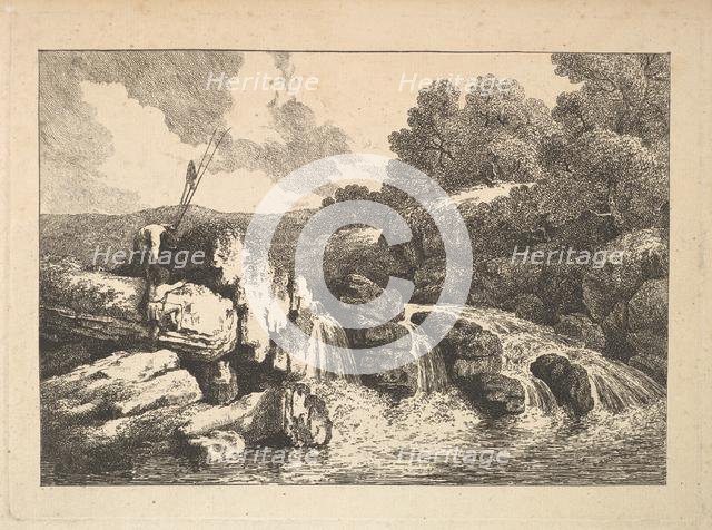 Landscape with Two Fishermen Climbing Rocks Next to a Waterfall, 1784-88. Creator: Thomas Rowlandson.