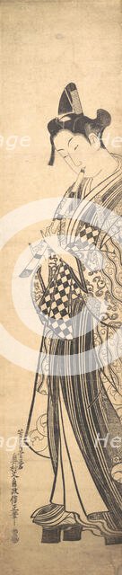 Young Man Walking Toward the Left on High Geta and Playing the Flute as He Walks, ca. ..., ca. 1745. Creator: Okumura Masanobu.