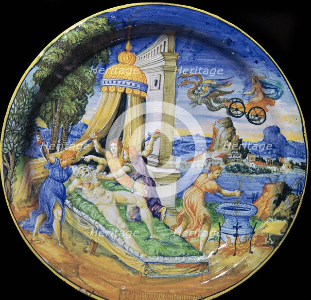 Italian earthenware plate showing Pelias being killed by his daughters, 16th century. Artist: Francesco Durantino
