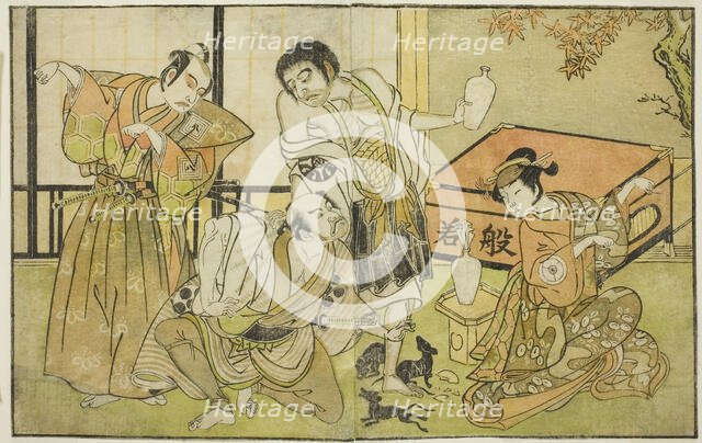 The Actors Iwai Hanshiro IV as Otatsu-gitsune, Nakamura Nakazo I as Raigo Ajari, Sakata..., c. 1772. Creator: Shunsho.