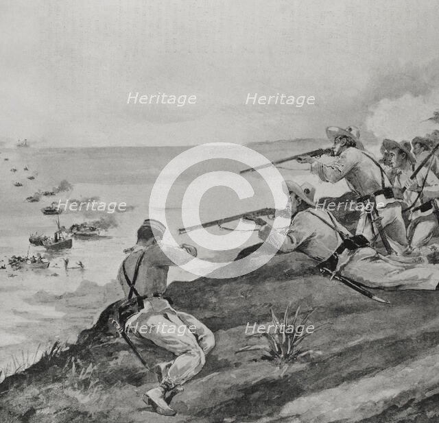 Spanish-American War: Spanish soldiers rejecting the landing of US troops...Cienfuegos (Cuba), 1898. Creator: Enrique Laporta Valor.