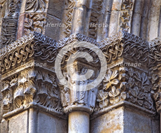 Capitals of the front of the chapel of Santa Lucia at the Cathedral, decorated with geometric and…
