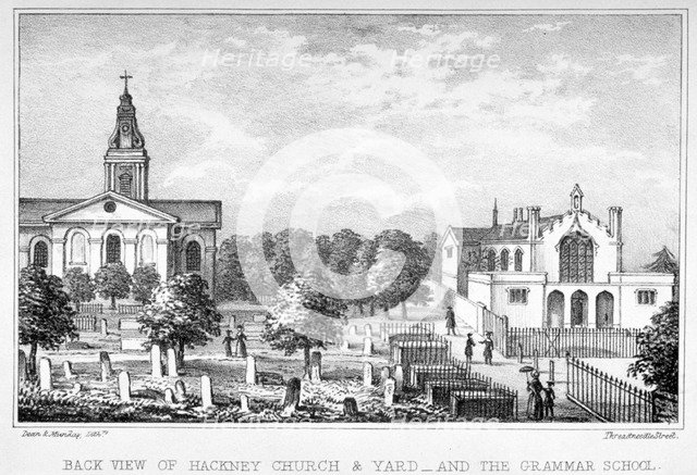 Back view of the Church of St John at Hackney and a grammar school, London, c1835.         Artist: Dean and Munday