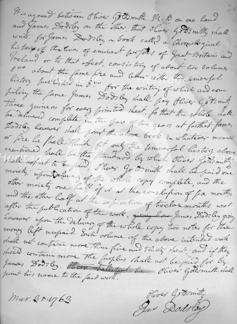 Agreement by Oliver Goldsmith to write for James Dodsley, 31st March 1763.', 1899. Artist: Oliver Goldsmith.