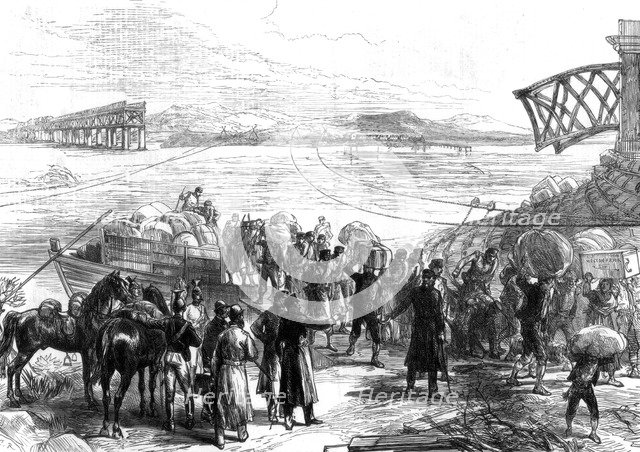 Crossing the Ebro at Castijon; War in Spain, 1875. Artist: Unknown