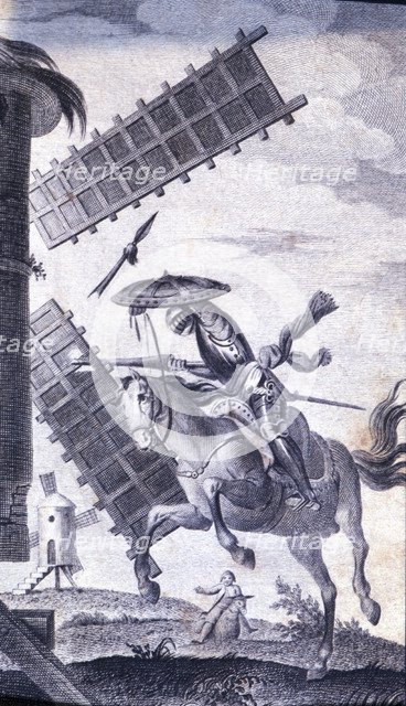 Engraving in an episode of Don Quixote, in 'El Ingenioso Hidalgo Don Quijote de la Mancha' (The I…
