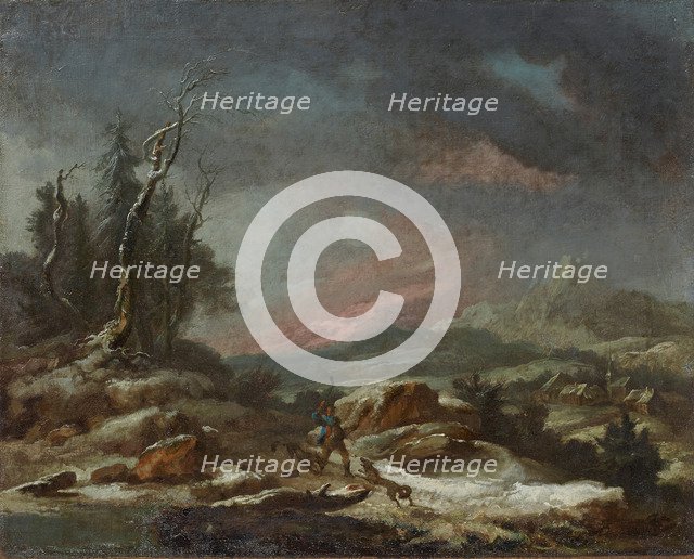 Winter landscape with a walker in the fight against wolves, 1771.