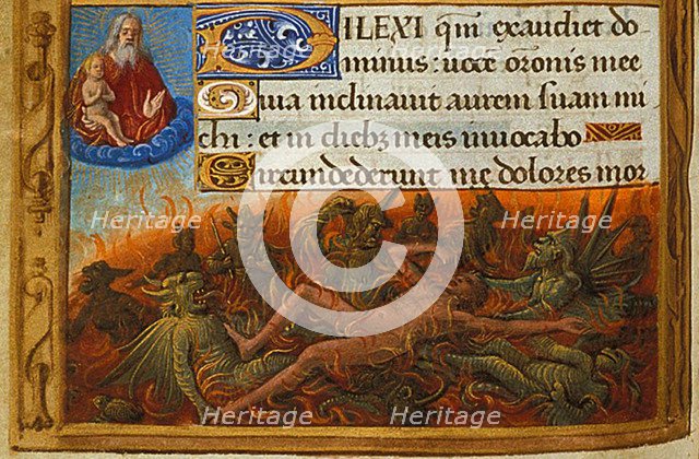 Book of Hours, Detail: Dives tormented by demons and watched by the soul of Lazarus, c. 1500. Artist: Poyet, Jean (active 1483-1497)