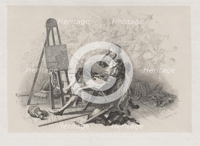 Morning after the Masked Ball: Emil Theodor Richter at His Easel, 1840. Creator: Eugen Napoleon Neureuther.