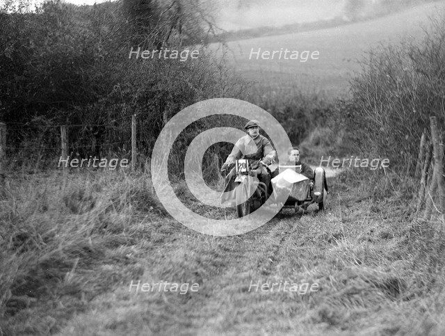 Sunbeam and sidecar competing in the Inter-Varsity Trial, November 1931. Artist: Bill Brunell.