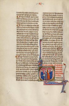 Initial Q: Three Men before a Judge Holding an Opened Book; Vidal Mayor, about 1290-1310. Creator: Unknown.