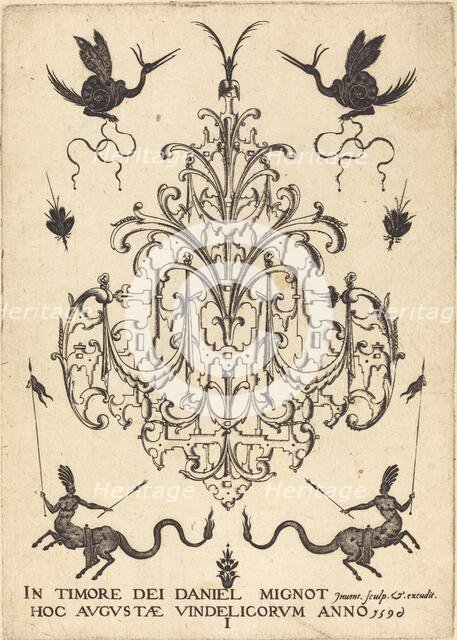Title-Page: Brooch, Snail-like Animals Above, Centaurs with Banners at Bottom, 1596. Creator: Daniel Mignot.