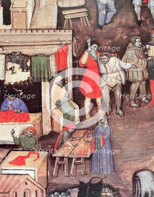 Merchants of fabrics and textiles in a market, Miniature in the 'Statuto delle Corporazione dei M…