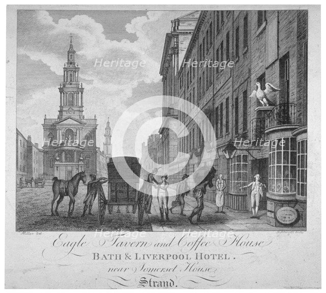 Outside the Eagle Tavern and Coffee House, Bath & Liverpool Hotel, London, c1800. Artist: Peter Mazell