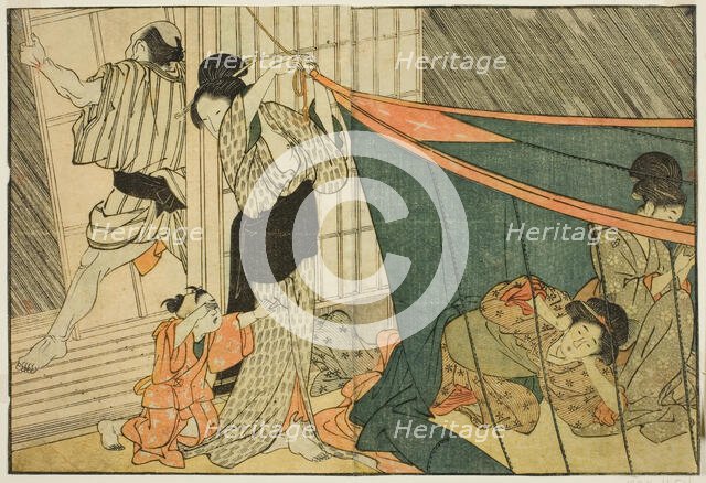 Women Inside a Mosquito Net During a Thunderstorm, from the illustrated book "Picture Book..., 1801. Creator: Kitagawa Utamaro.