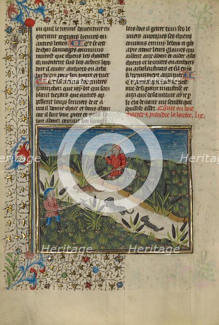 A Hunter and Dogs Attacking an Otter; Livre de la Chasse, about 1430-1440. Creator: Unknown.