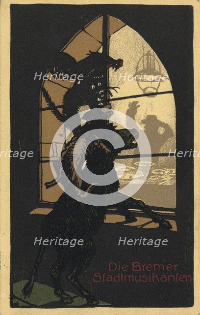 Title design of the book Town Musicians of Bremen by the Brothers Grimm, 1910s. Artist: Anonymous  