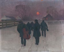 Musicians Returning in the Early Morning through Snowed Landscape, around 1920. Creator: Teodor Jozef Mousson.