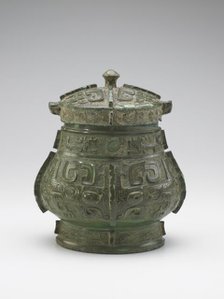 Lidded ritual wine container (you) with taotie and dragons, Late Shang dynasty, c1200-1100 BCE. Creator: Unknown.