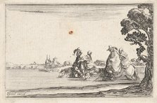 Plate 8: two horsemen in hats at right, each with a woman seated behind them, riding t..., ca. 1642. Creator: Stefano della Bella.