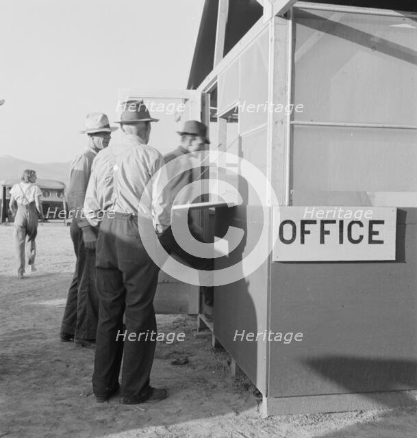 Applicants at registration tent on opening day..., Merrill, Klamath County, Oregon, 1939. Creator: Dorothea Lange.